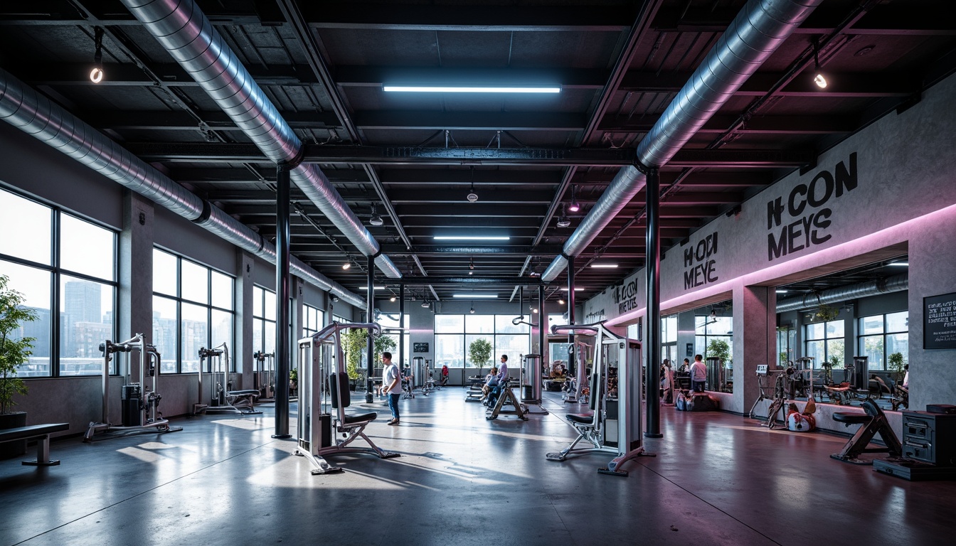 Prompt: Modern gym interior, high ceilings, metal beams, industrial-style lighting fixtures, LED strip lights, dimmable overhead lighting, color-changing ambient lights, floor-to-ceiling windows, natural daylight, reflective surfaces, polished concrete floors, metallic equipment, exercise machines, free weights, mirrors, motivational quotes, dynamic shadows, 1/1 composition, softbox lighting, realistic reflections.