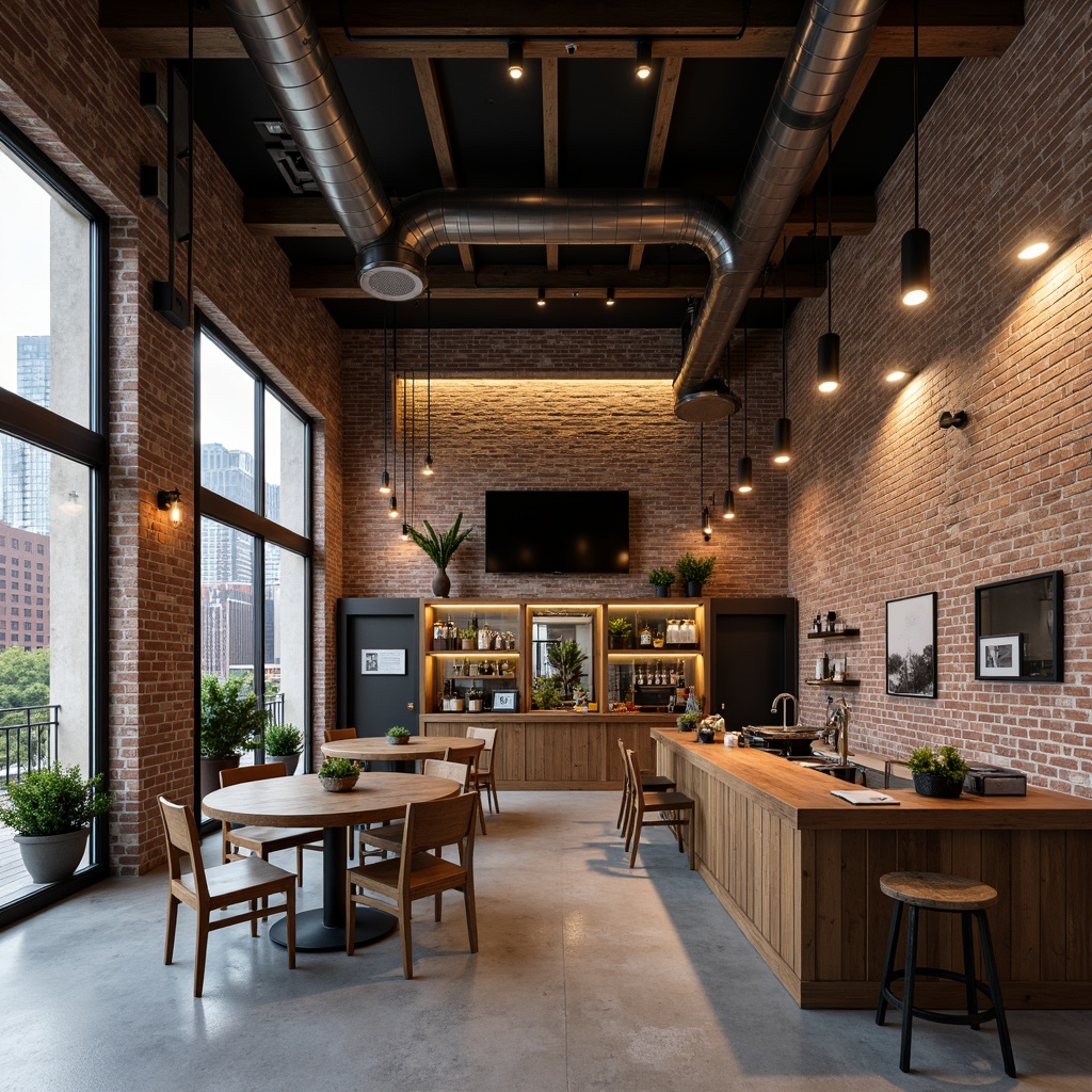 Prompt: Exposed brick walls, metal accents, reclaimed wood textures, industrial-style lighting fixtures, minimal ornamentation, neutral color palette, distressed finishes, urban cityscape views, concrete floors, steel beams, Edison bulbs, vintage machinery displays, earthy tones, rusted metal hues, weathered wood grains, bold typography, modern amenities, functional decor.