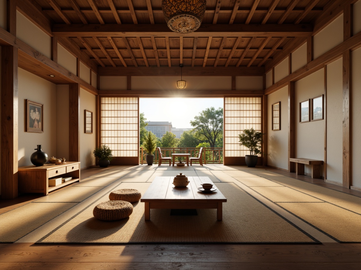 Prompt: Traditional Japanese tea house, natural wood accents, sliding shoji doors, paper lanterns, minimalist decor, low-seating arrangement, woven tatami mats, floor cushions, backless stools, circular tables, warm soft lighting, subtle shadows, serene ambiance, 1/2 composition, shallow depth of field, realistic textures, ambient occlusion.