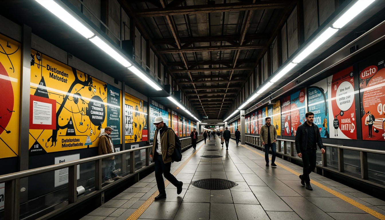 Prompt: Vibrant metro station, urban landscape, eclectic crowd, dynamic lights, sleek steel beams, concrete columns, modern vernacular architecture, bold graphic patterns, distressed denim textures, ripped jeans inspiration, edgy streetwear aesthetics, neon-colored accents, futuristic LED lighting, abstract geometric shapes, industrial-chic materials, raw concrete walls, metallic railings, bustling city atmosphere, rush hour crowds, warm golden lighting, shallow depth of field, 1/1 composition, realistic fabric simulations.