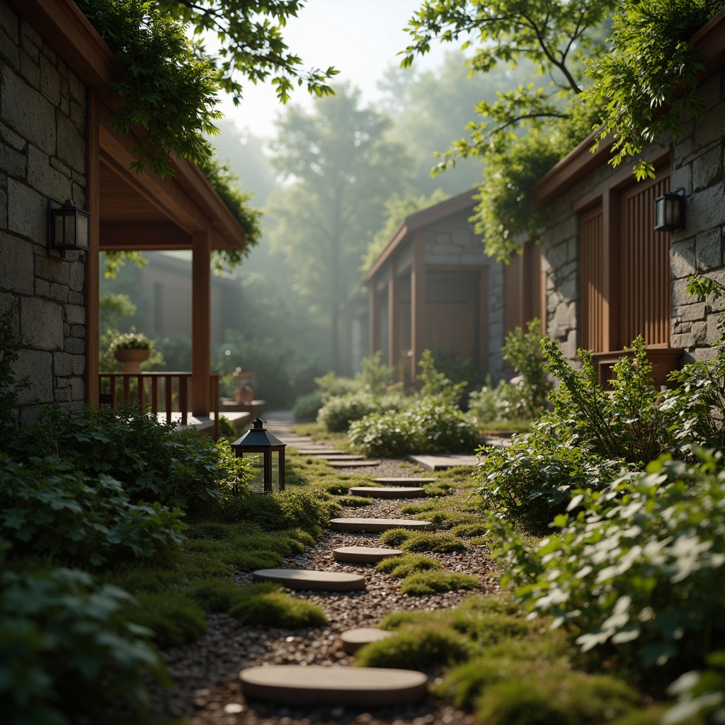 Prompt: Mossy forest floor, earthy terrain, natural stone walls, wooden accents, soft warm lighting, misty atmosphere, foggy morning, serene landscape, lush foliage, vibrant wildflowers, rustic wooden benches, weathered metal lanterns, organic textures, subtle gradient effects, 1/1 composition, intimate depth of field, realistic rendering, ambient occlusion.