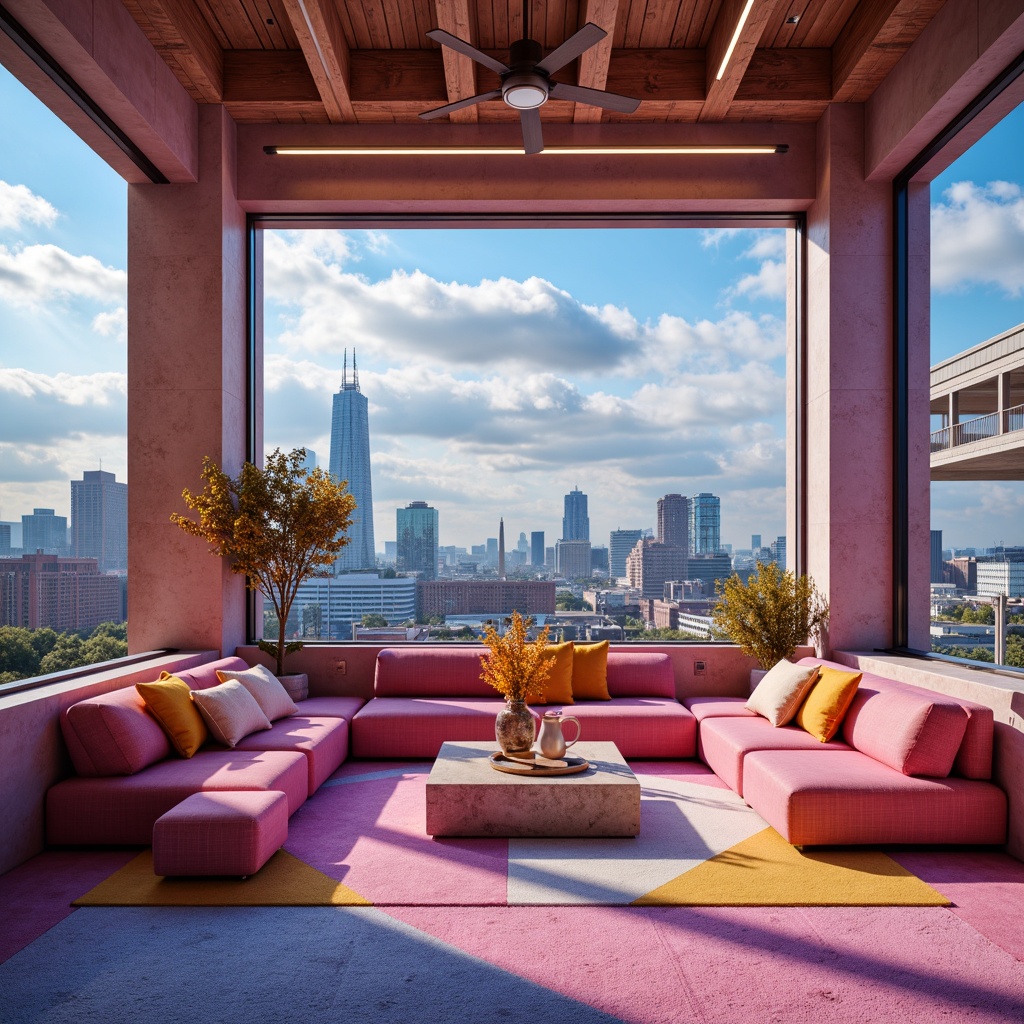 Prompt: Vibrant modern design studio, sleek minimalist workspace, bold creative color palette, pastel hues, neon accents, metallic finishes, rich textures, natural materials, urban cityscape background, cloudy blue sky, warm afternoon lighting, high contrast ratio, 1/1 composition, realistic rendering, atmospheric effects.