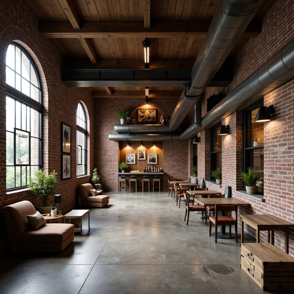 Prompt: Rustic industrial hotel, exposed brick walls, metal beams, reclaimed wood accents, polished concrete floors, industrial-style lighting fixtures, minimalist decor, urban loft atmosphere, modern amenities, sleek lines, raw textures, earthy color palette, natural stone cladding, steel door frames, wooden crates, distressed finishes, vintage decorative elements, moody atmospheric lighting, shallow depth of field, 1/2 composition, cinematic view.