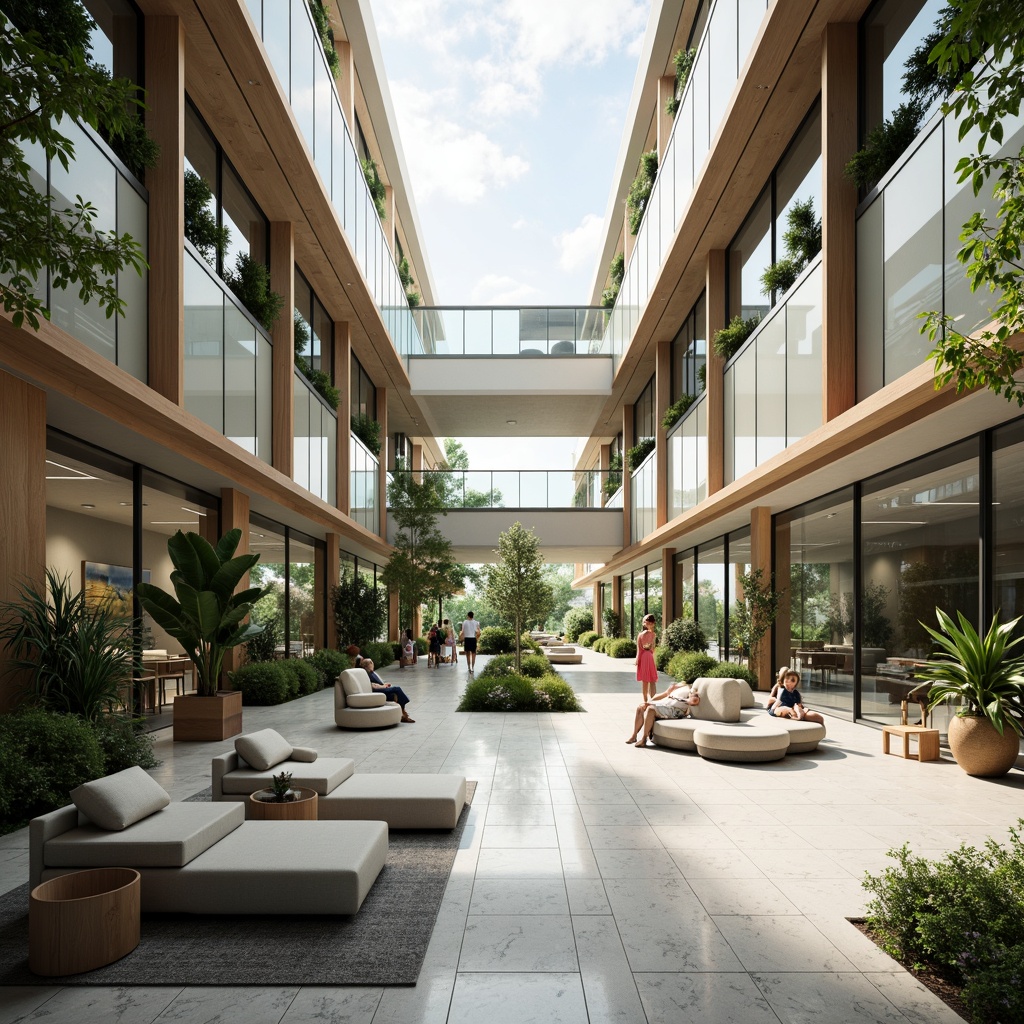 Prompt: Spacious atrium, natural light pouring in, sleek modern architecture, open floor plan, minimalist decor, polished marble floors, green walls, living plants, wooden accents, comfortable seating areas, collaborative workspaces, transparent glass partitions, warm neutral color scheme, soft indirect lighting, shallow depth of field, 3/4 composition, panoramic view, realistic textures, ambient occlusion.