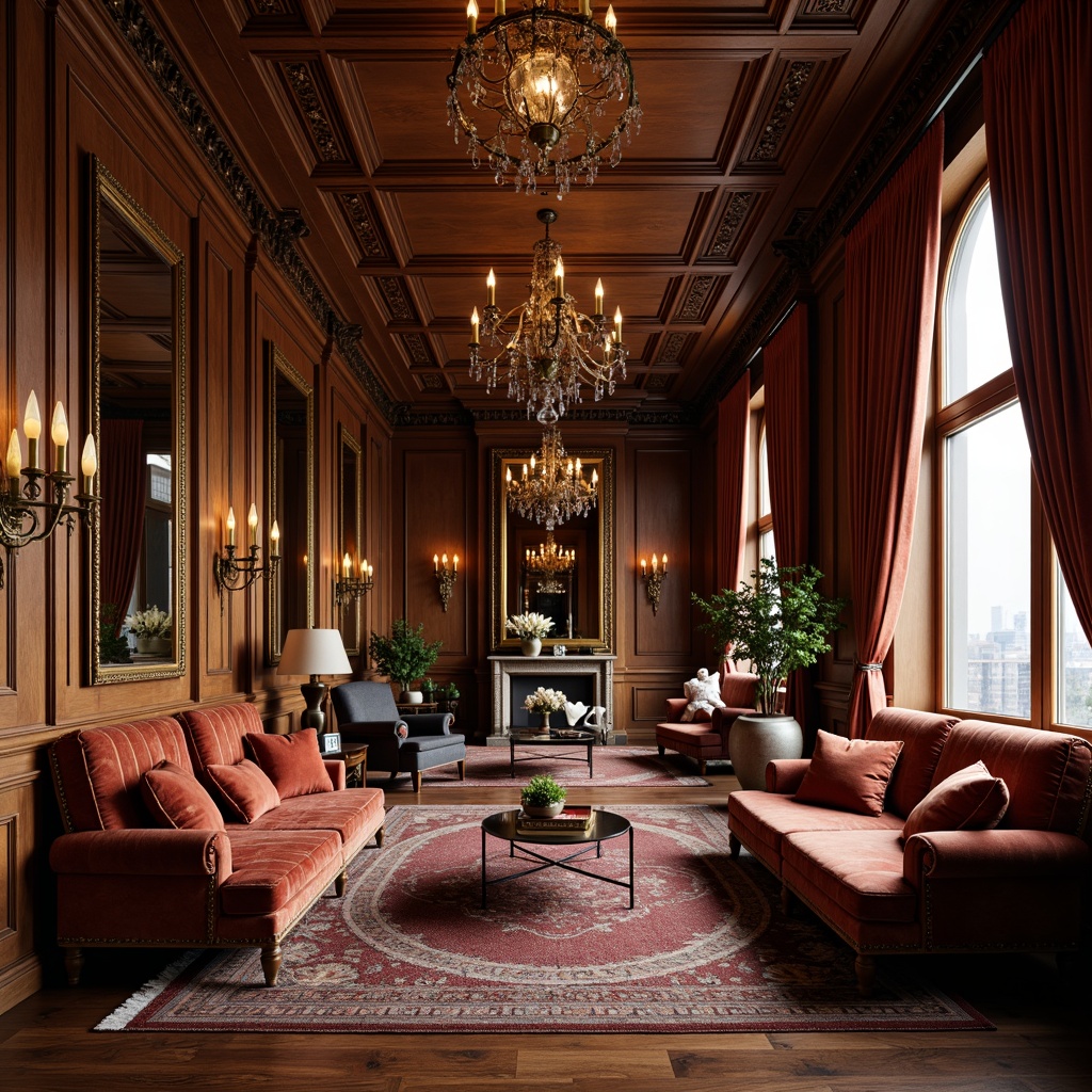 Prompt: Elegant traditional interior, luxurious velvet fabrics, ornate wooden furniture, intricately carved accents, plush cushions, tufted upholstery, gilded frames, crystal chandeliers, richly patterned rugs, sophisticated seating arrangements, conversational circles, coffered ceilings, soft warm lighting, intimate ambiance, subtle color palette, refined textures, 1/2 composition, shallow depth of field, realistic rendering.