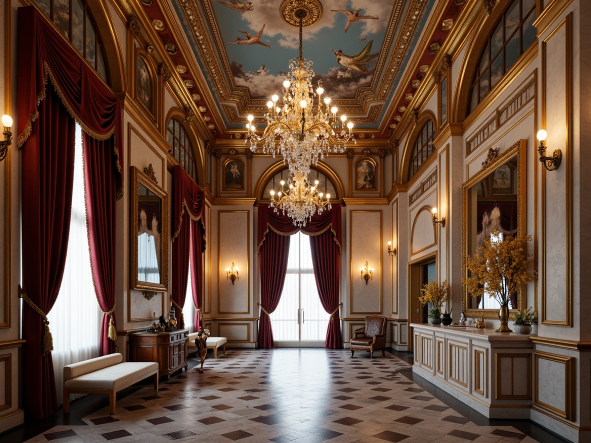 Prompt: Richly ornamented ceiling, intricate moldings, grand crystal chandeliers, luxurious velvet drapes, ornate golden frames, polished marble countertops, elegant wooden cabinetry, lavish tile work, majestic stone columns, opulent fresco ceilings, warm soft lighting, 1/1 composition, realistic textures, ambient occlusion.