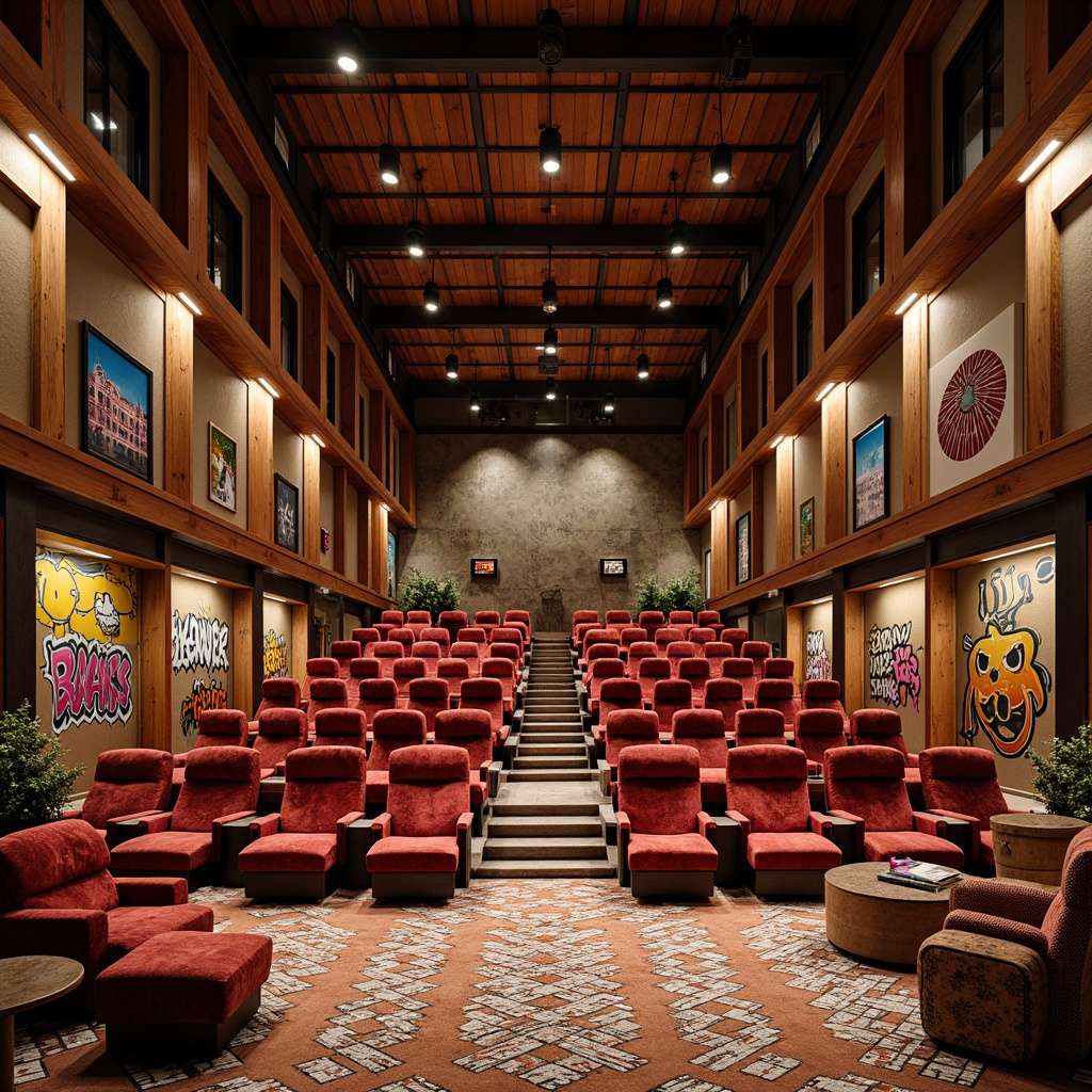 Prompt: Vibrant eclectic auditorium, rich wood tones, polished brass accents, luxurious velvet fabrics, bold graffiti murals, distressed concrete walls, industrial metal beams, reclaimed wooden floors, eclectic furniture pieces, colorful Moroccan tiles, intricate geometric patterns, warm soft lighting, dramatic spotlights, dynamic shadows, 1/2 composition, cinematic angles, realistic textures, ambient occlusion.