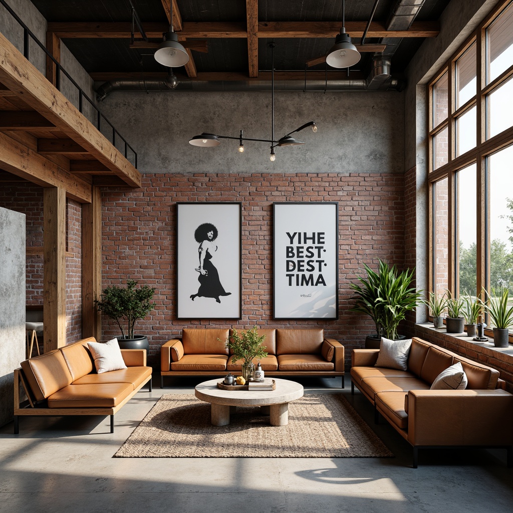 Prompt: Industrial chic interior, exposed brick walls, polished concrete floors, metal beams, wooden accents, minimalist decor, functional furniture, primary color scheme, bold typography, geometric patterns, distressed leather upholstery, metallic light fixtures, industrial-style lamps, urban loft atmosphere, natural textiles, earthy tones, brutalist architecture, functional simplicity, 1/1 composition, high-contrast lighting, realistic textures, ambient occlusion.