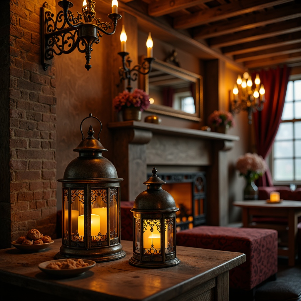 Prompt: Vintage lanterns, ornate metalwork, distressed finishes, warm golden lighting, classic candle chandeliers, rustic wooden beams, traditional brick walls, cozy fireplace, plush furnishings, rich velvet drapes, intricate carvings, subtle ambient glow, softbox lighting, 1/1 composition, intimate atmosphere, realistic textures, warm color palette.