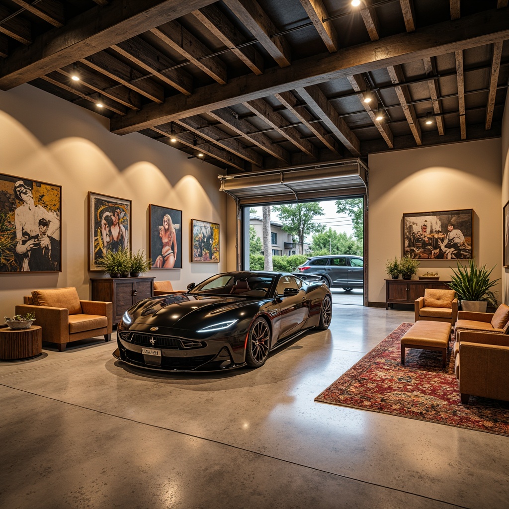 Prompt: Luxurious garage interior, warm beige walls, polished concrete floors, metallic epoxy coatings, industrial chic decor, reclaimed wood accents, modern LED lighting, sleek steel beams, automotive-inspired furnishings, vintage car displays, distressed leather sofas, urban loft ambiance, natural stone features, rich wood tones, bold color schemes, high-gloss finishes, dynamic patterns, 3/4 composition, shallow depth of field, realistic textures.