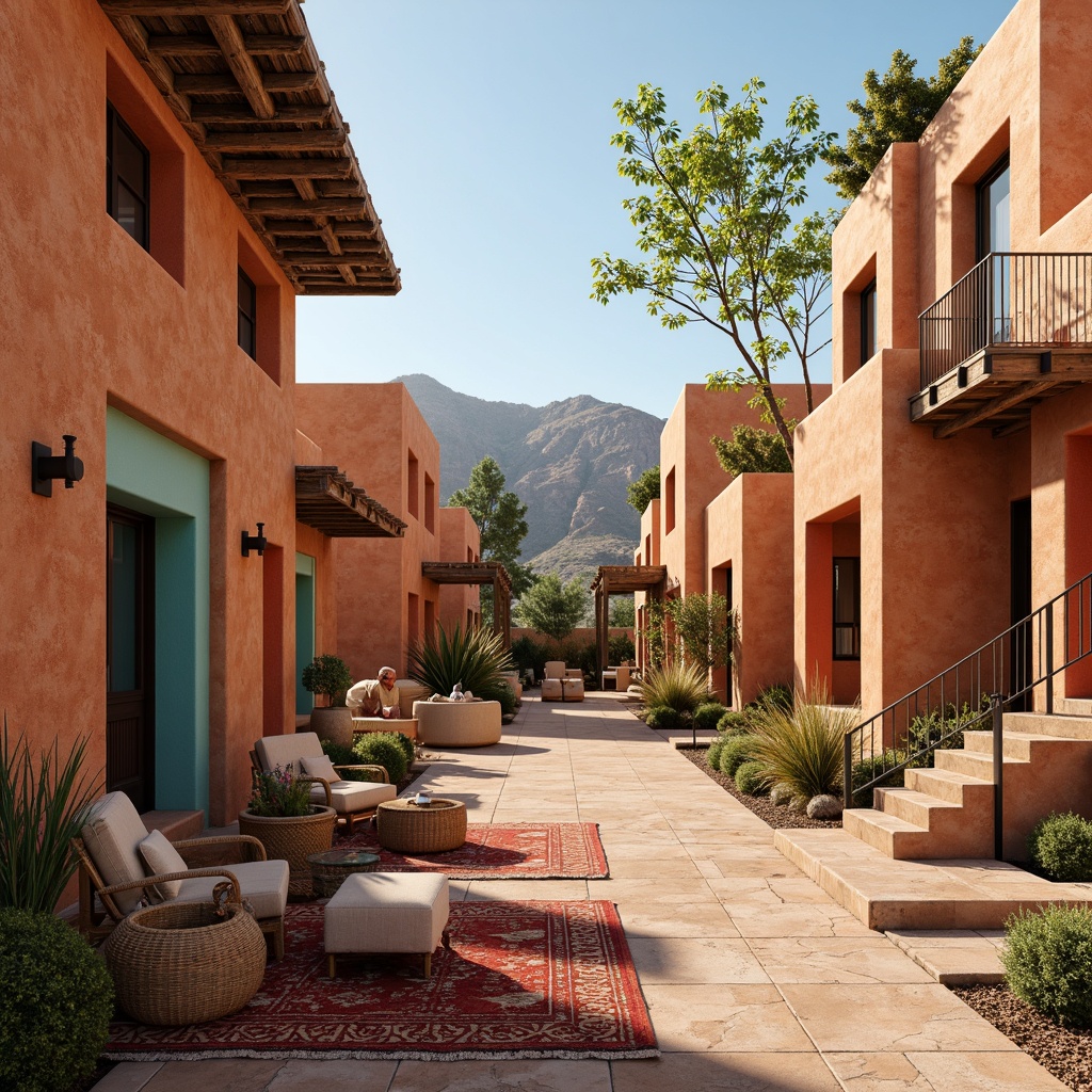 Prompt: Vibrant adobe buildings, earthy terracotta tones, warm sandy beige walls, turquoise accents, bold red and orange hues, soft sage greenery, rustic wooden beams, natural stone floors, woven textiles, geometric patterned rugs, ambient warm lighting, cozy fireplaces, scenic desert landscapes, majestic mountain views, 3/4 composition, shallow depth of field, realistic textures, warm sunny day.