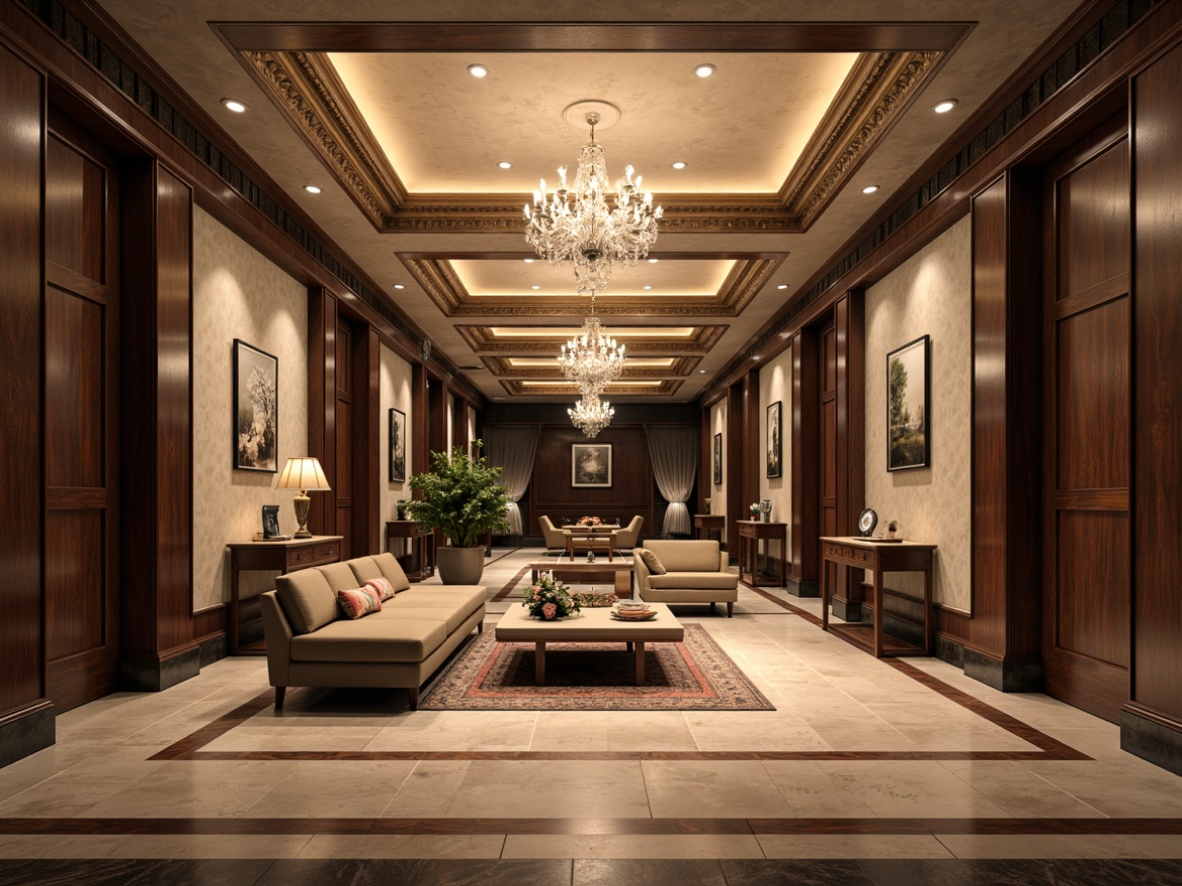 Prompt: Elegant neoclassical basement, marble flooring, inlaid wood patterns, richly veined limestone walls, ornate plaster ceiling, grand chandelier, luxurious area rugs, sophisticated furniture, subtle warm lighting, atmospheric shadows, 1/2 composition, low-angle shot, detailed textures, soft focus effect.