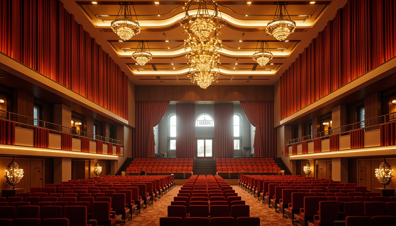 Prompt: Grand auditorium, luxurious velvet curtains, ornate golden chandeliers, sleek LED light strips, futuristic pendant lights, dramatic spotlights, soft warm stage lighting, rich wood paneling, plush red seats, grandiose high ceilings, opulent architectural details, majestic entrance doors, polished marble floors, sophisticated sound systems, 1/1 composition, shallow depth of field, warm color temperature, realistic shadows.