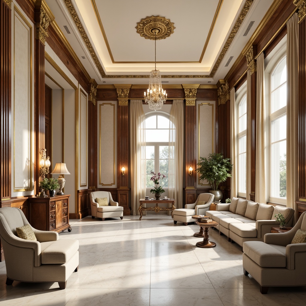 Prompt: Elegant interior space, neoclassical architecture, soft beige walls, creamy white marble floors, rich walnut wood paneling, ornate gold moldings, lavish crystal chandeliers, subtle cream-colored drapes, antique furniture pieces, tufted velvet upholstery, intricate carvings, classical sculptures, muted earthy tones, warm ambient lighting, shallow depth of field, 1/1 composition, realistic textures, atmospheric rendering.