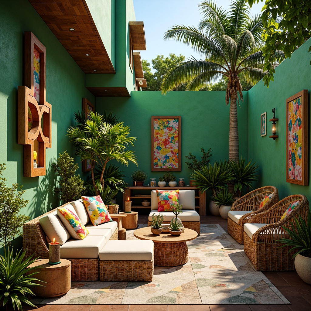 Prompt: Vibrant tropical colors, lush greenery walls, exotic plants, natural wood accents, woven rattan furniture, colorful tiki torches, rustic wooden decorations, ocean-inspired accessories, beachy vibe, sunny day, soft warm lighting, shallow depth of field, 3/4 composition, panoramic view, realistic textures, ambient occlusion, palm tree silhouettes, floral patterns, bold geometric shapes, eclectic global influences, laid-back atmosphere.