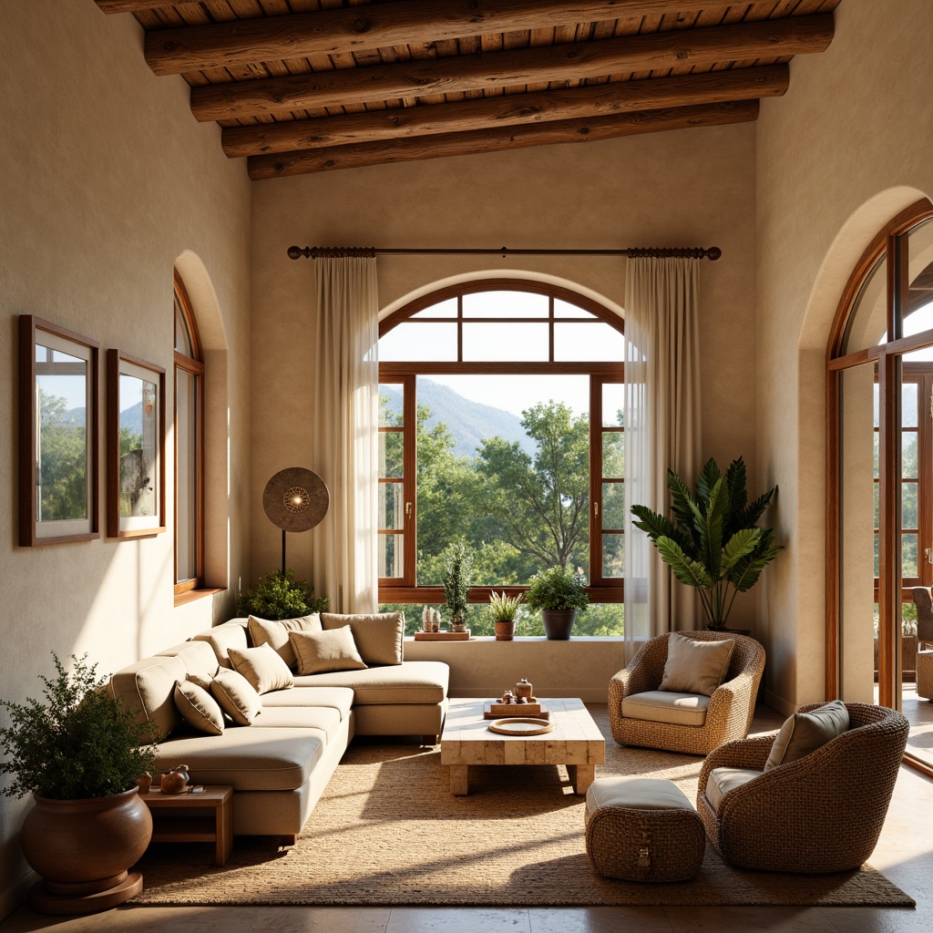 Prompt: Cozy Mediterranean living room, warm beige walls, rustic wooden furniture, plush sectional sofas, woven wicker armchairs, natural fiber rugs, ornate ceramic vases, distressed wood coffee tables, elegant archways, large windows, sheer curtains, sunny afternoon, soft warm lighting, shallow depth of field, 3/4 composition, panoramic view, realistic textures, ambient occlusion.