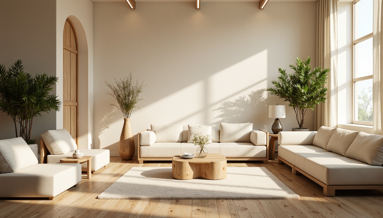 Prompt: Calming minimalist space, soft cream walls, warm beige floors, natural wood accents, organic shapes, plush area rugs, comfortable sofas, elegant coffee tables, delicate flower vases, gentle candlelight, subtle texture variations, airy atmosphere, abundant greenery, subtle scent diffusion, warm afternoon sunbeams, shallow depth of field, 1/1 composition, realistic reflections, ambient occlusion.