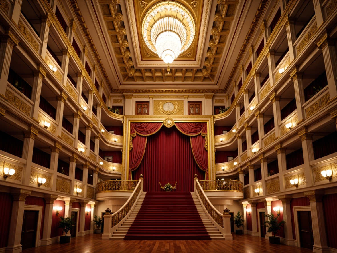 Prompt: Grand opera house, neoclassical architecture, ornate details, crystal chandeliers, intricate moldings, gilded ornaments, velvet curtains, red carpeted stairs, golden balconies, grand foyer, high ceilings, majestic staircase, dramatic spotlights, warm soft lighting, subtle shadows, 3/4 composition, symmetrical framing, opulent textures, realistic reflections, ambient occlusion.