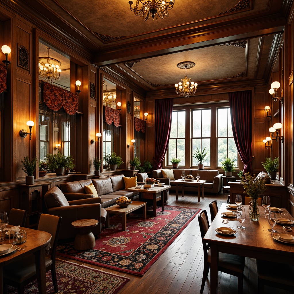 Prompt: Eclectic dining hall, rich wooden tones, vintage furniture, ornate chandeliers, bold patterned rugs, distressed finishes, reclaimed wood floors, rustic stone walls, luxurious velvet drapes, antique decorative accents, warm golden lighting, 1/2 composition, shallow depth of field, realistic textures, ambient occlusion.