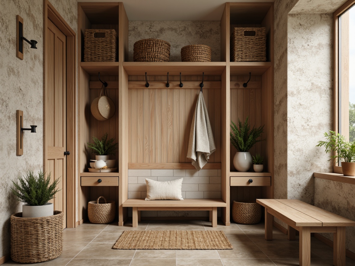 Prompt: Rustic mudroom, natural stone walls, earthy tone floors, woven baskets, wooden bench, distressed wood accents, industrial metal hooks, ceramic tile backsplash, warm beige color scheme, soft ambient lighting, shallow depth of field, 3/4 composition, realistic textures, ambient occlusion.