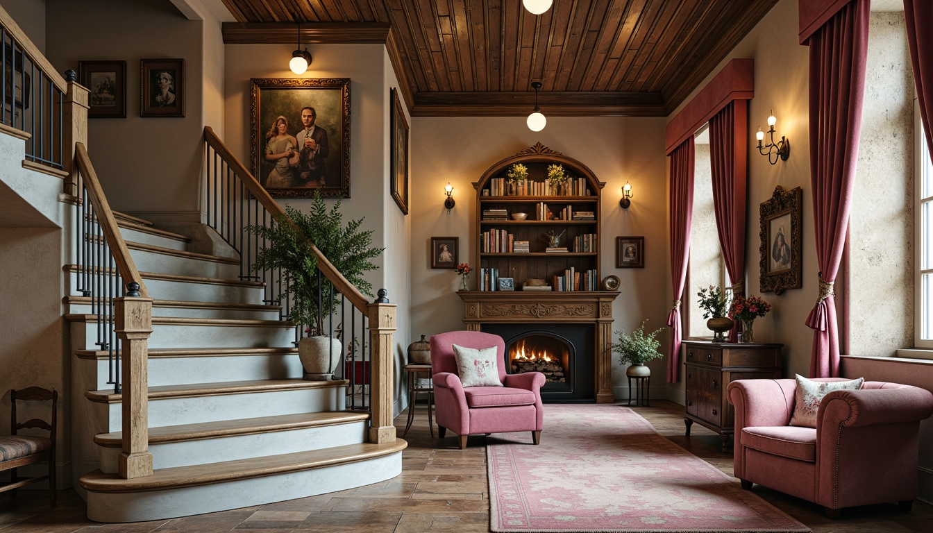 Prompt: Distressed wooden treads, soft pastel hues, vintage metal balusters, ornate newel posts, carved wooden decorations, rustic stone walls, cozy reading nooks, warm candlelight, rich velvet drapes, antique furniture pieces, distressed finishes, elegant curves, romantic atmosphere, soft focus, warm color palette, inviting textures.