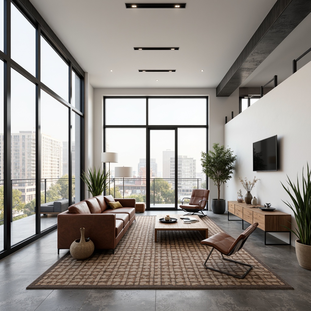 Prompt: Minimalist living room, industrial metal frames, leather sofas, wooden coffee tables, geometric patterned rugs, functional shelving units, tubular steel chairs, adjustable lamps, plain white walls, large windows, urban cityscape views, natural daylight, softbox lighting, shallow depth of field, 1/1 composition, realistic textures, ambient occlusion.