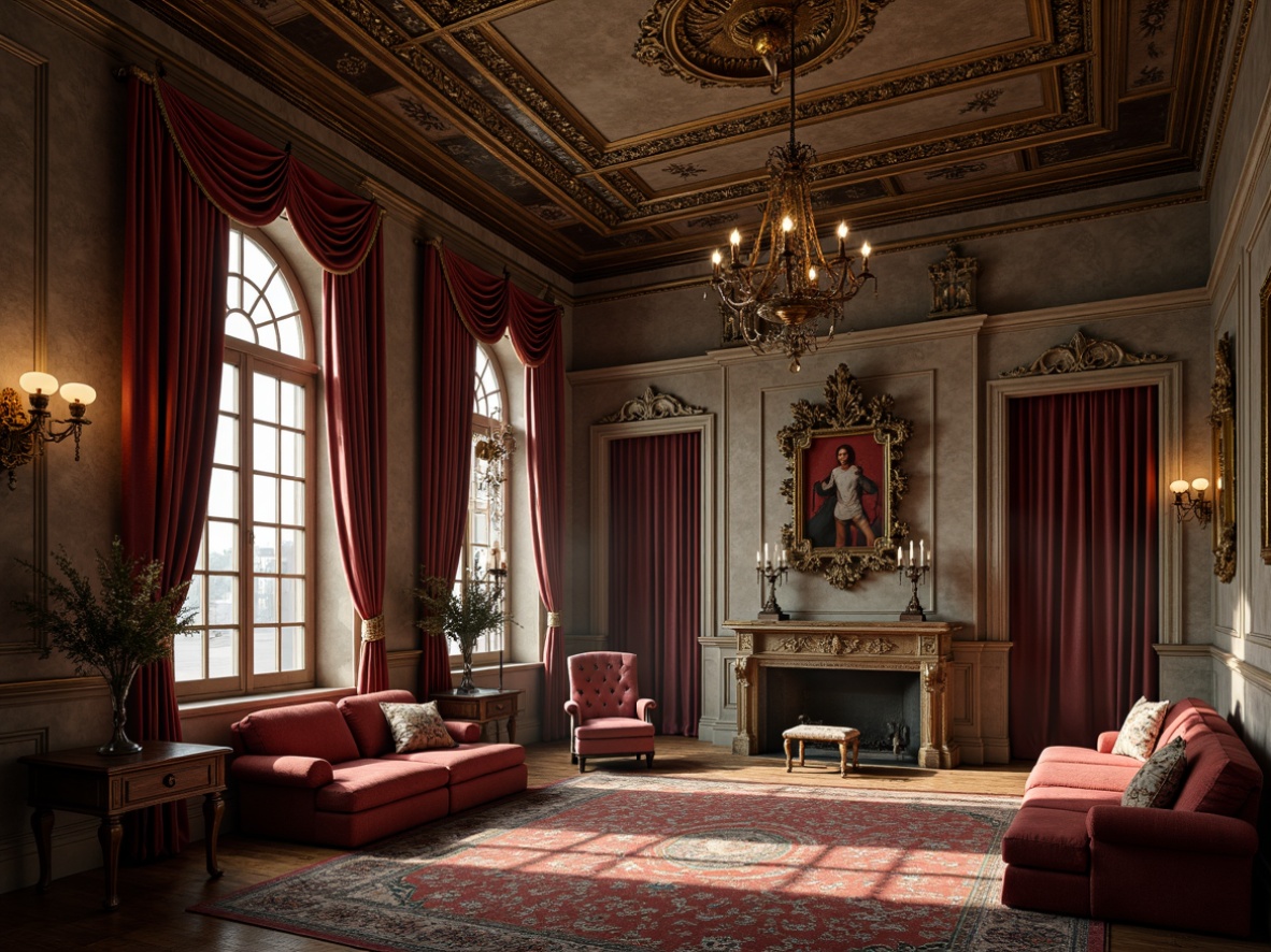 Prompt: Opulent Baroque interior, rich velvet drapes, ornate gold accents, distressed stone walls, intricate wooden carvings, grandiose chandeliers, lavish furnishings, regal color palette, mystical atmosphere, warm candlelight, shallow depth of field, 1/1 composition, realistic textures, ambient occlusion.