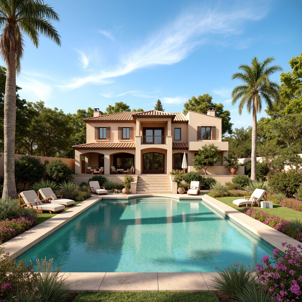 Prompt: Warm Mediterranean villa, terracotta roofs, rustic stone walls, turquoise accents, soft beige stucco, lush greenery, vibrant bougainvillea, tranquil water features, warm sandy beaches, clear blue skies, serene ambiance, natural textures, earthy tones, soothing color harmony, gentle lighting effects, 1/2 composition, atmospheric perspective, realistic renderings.