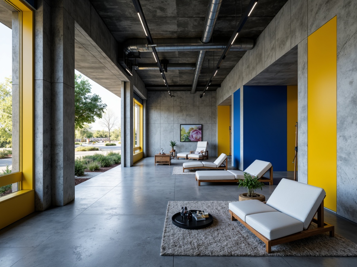 Prompt: Modernist interior, industrial materials, monochromatic color scheme, bold primary colors, deep blues, bright yellows, stark whites, raw concrete walls, polished metal accents, geometric patterns, rectangular shapes, clean lines, minimalist decor, functional furniture, open floor plans, natural light, soft shadows, subtle textures, atmospheric ambiance, cinematic lighting, 3/4 composition, shallow depth of field.