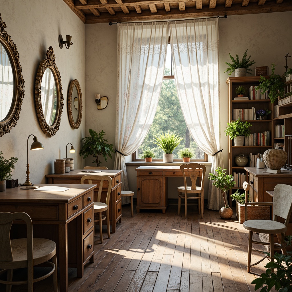 Prompt: Distressed wooden desks, vintage metal chairs, soft pastel colors, lace curtains, floral patterns, ornate mirrors, antique bookshelves, woven baskets, rustic wooden floors, natural light pouring in, warm cozy atmosphere, gentle shadows, shallow depth of field, 3/4 composition, panoramic view, realistic textures, ambient occlusion.