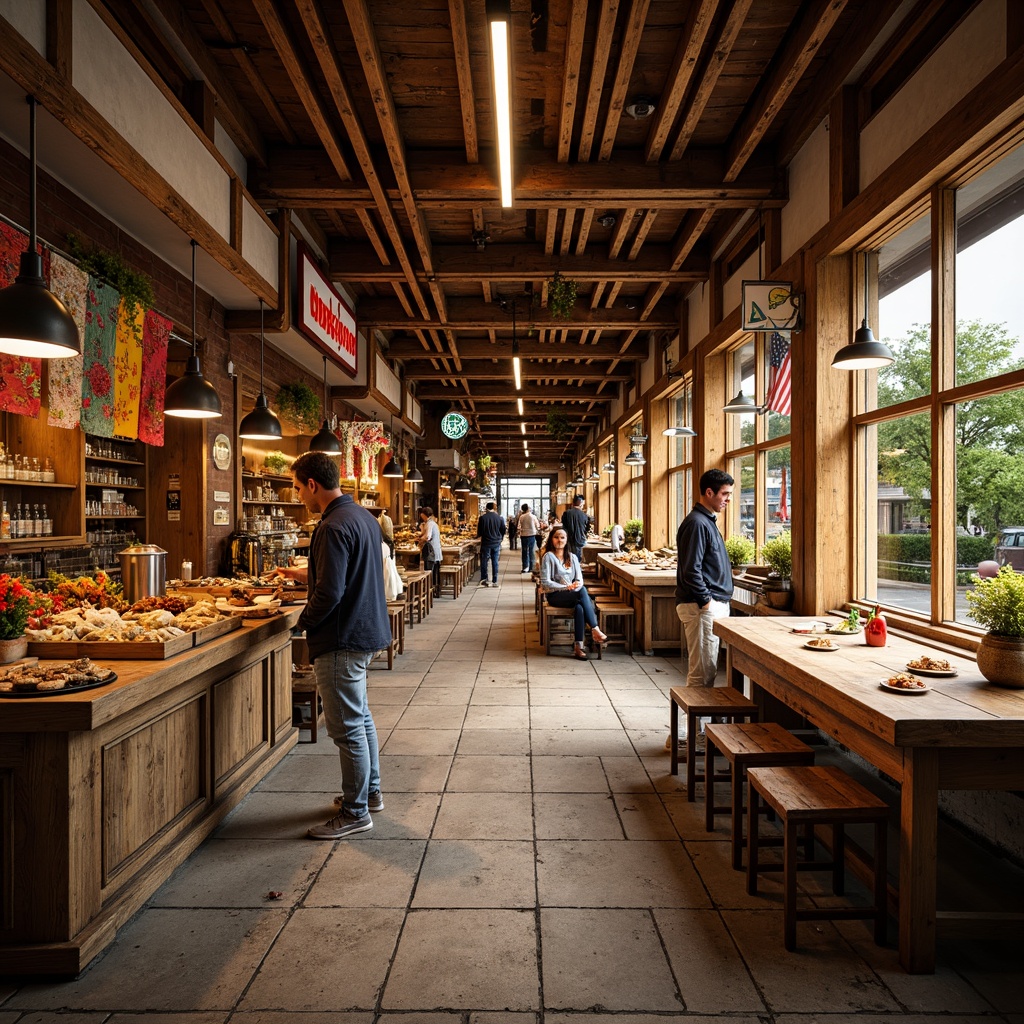 Prompt: Vibrant market vernacular, warm earthy tones, rich wooden accents, rustic metal fixtures, lively street food stalls, colorful vendor carts, eclectic signage, woven textiles, natural stone flooring, distressed brick walls, soft overhead lighting, shallow depth of field, 1/1 composition, realistic textures, ambient occlusion.