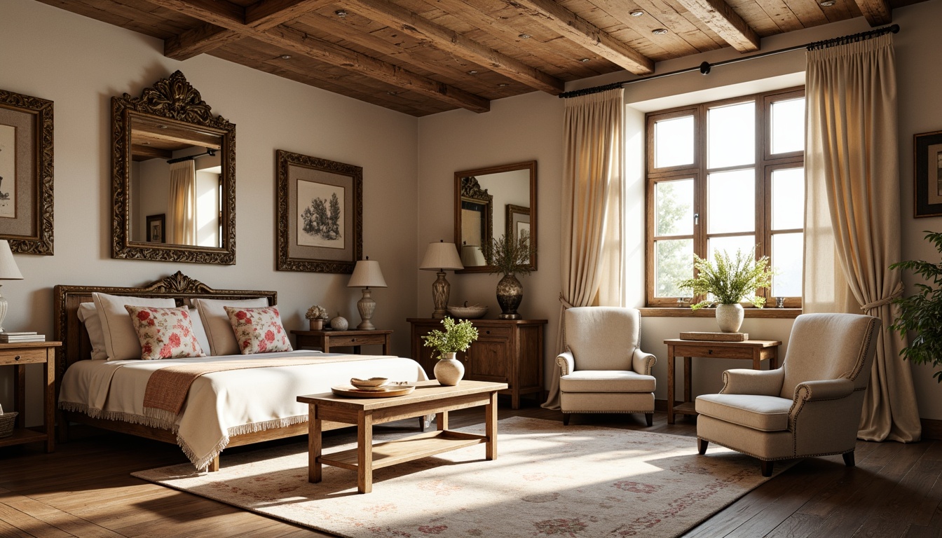 Prompt: Rustic French country interior, distressed wood furniture, soft velvet fabrics, natural linen textures, floral patterns, toile de Jouy prints, vintage lace trim, elegant tassel details, warm beige colors, creamy whites, rich reds, soft gold accents, luxurious drapery, flowing curtains, subtle sheen, relaxed elegance, classic ornate mirrors, distressed wood flooring, soft warm lighting, shallow depth of field, 1/1 composition.