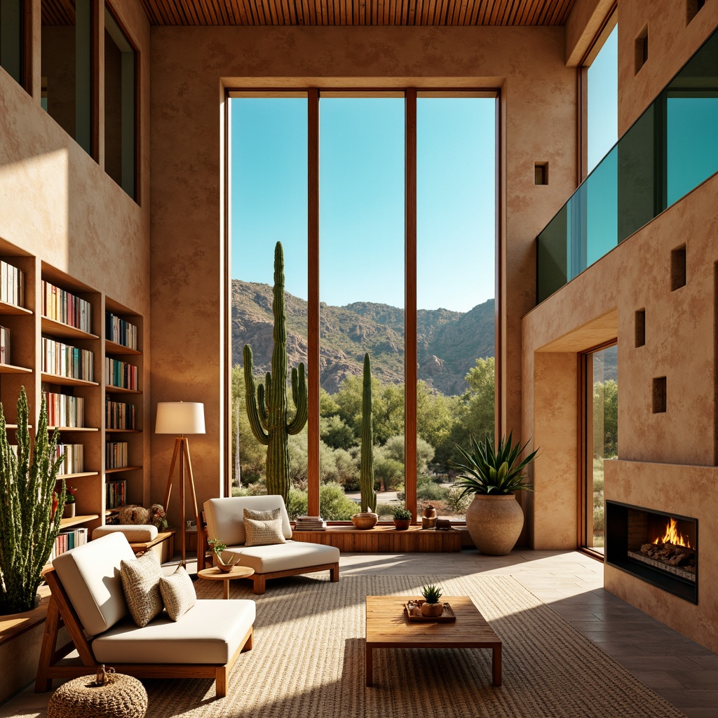 Prompt: Southwestern-style library, warm earthy tones, rustic wooden accents, natural stone walls, vibrant turquoise hues, comfortable reading nooks, cozy fireplace, soft warm lighting, layered lighting effects, ambient occlusion, subtle shadows, warm color temperature, high ceilings, exposed beams, clerestory windows, desert landscape views, cactus plants, hot sunny day, clear blue sky, modern minimalist furniture, woven textiles, geometric patterns, warm beige flooring, soft cushions, relaxed atmosphere, 3/4 composition, realistic textures.