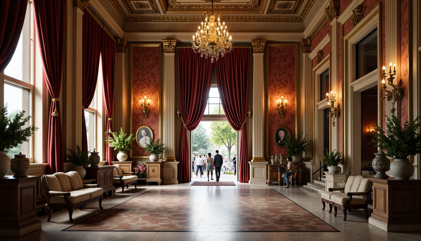 Prompt: Grand museum entrance, ornate Renaissance-style fa\u00e7ade, intricate stone carvings, gilded accents, velvet drapes, lavish chandeliers, polished marble floors, richly textured tapestries, Baroque-inspired furnishings, soft warm lighting, shallow depth of field, 1/2 composition, symmetrical framing, realistic reflections, ambient occlusion, subtle noise texture.