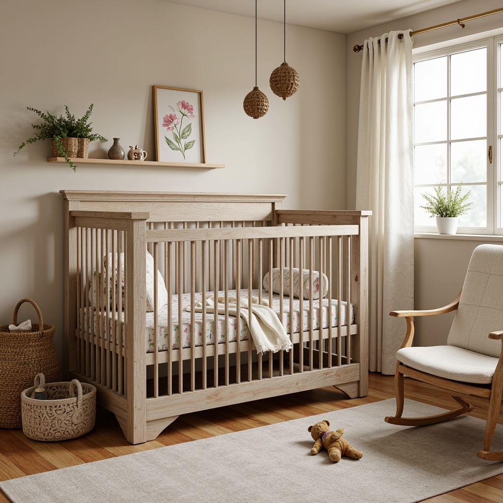 Prompt: Rustic baby crib, distressed wood tones, vintage metal accents, plush toys, woven baskets, natural fabrics, earthy color palette, wooden rocking chair, soft cushions, floral patterns, gentle lighting, warm beige walls, cozy area rug, nature-inspired artwork, whimsical mobiles, creamy whites, weathered wood furniture, family heirlooms, soft pastel hues, delicate lace trim.