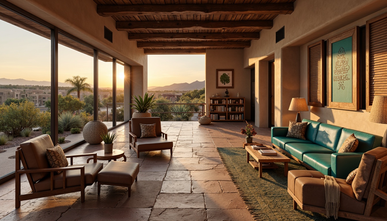 Prompt: Warm southwestern library, rustic wooden accents, earthy tone walls, natural stone floors, vibrant turquoise details, cozy reading nooks, comfortable leather armchairs, soft warm lighting, table lamps with woven shades, floor-to-ceiling windows, abundant natural light, dramatic sunset views, high ceilings with exposed beams, reclaimed wood shelving, desert landscape outside, cacti and succulents, warm beige color scheme, inviting atmosphere, soft shadows, 1/2 composition, realistic textures, ambient occlusion.