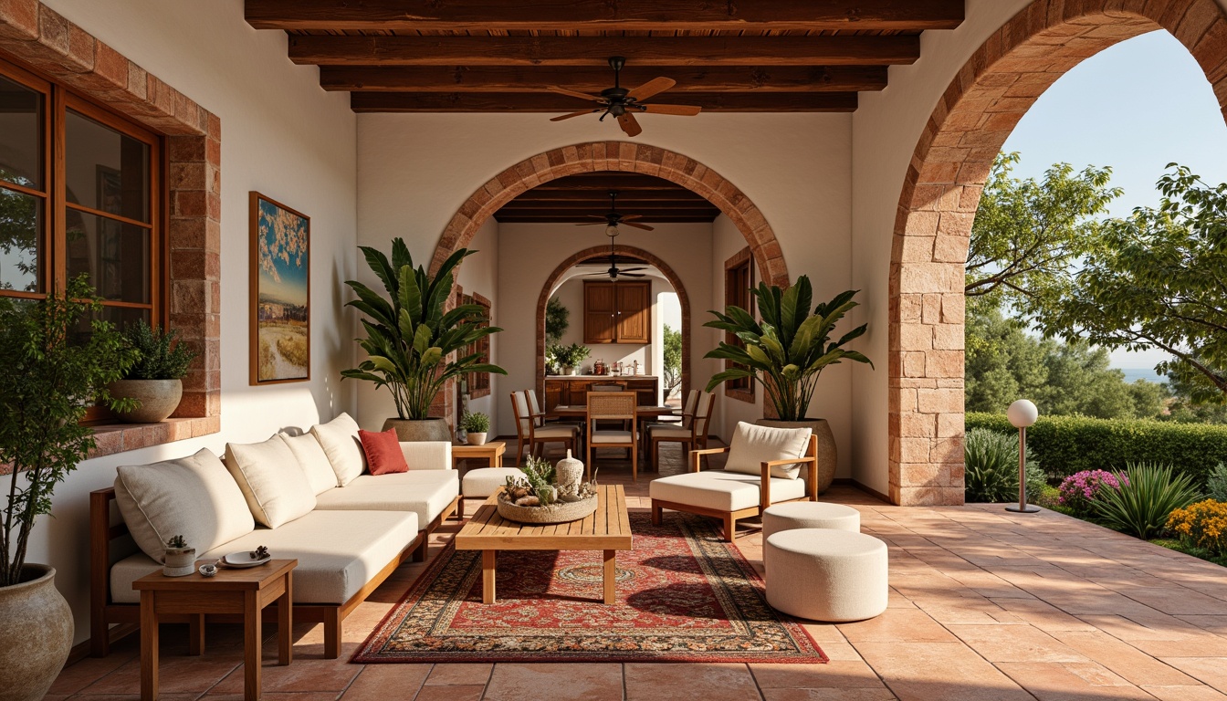 Prompt: Warm Mediterranean villa, rustic terracotta tiles, earthy red hues, distressed textures, worn edges, sun-kissed floors, creamy white walls, wooden beams, natural stone accents, lush greenery, potted plants, soft warm lighting, cozy ambiance, traditional Spanish architecture, curved archways, ornate metalwork, colorful ceramics, woven textiles, plush furnishings.