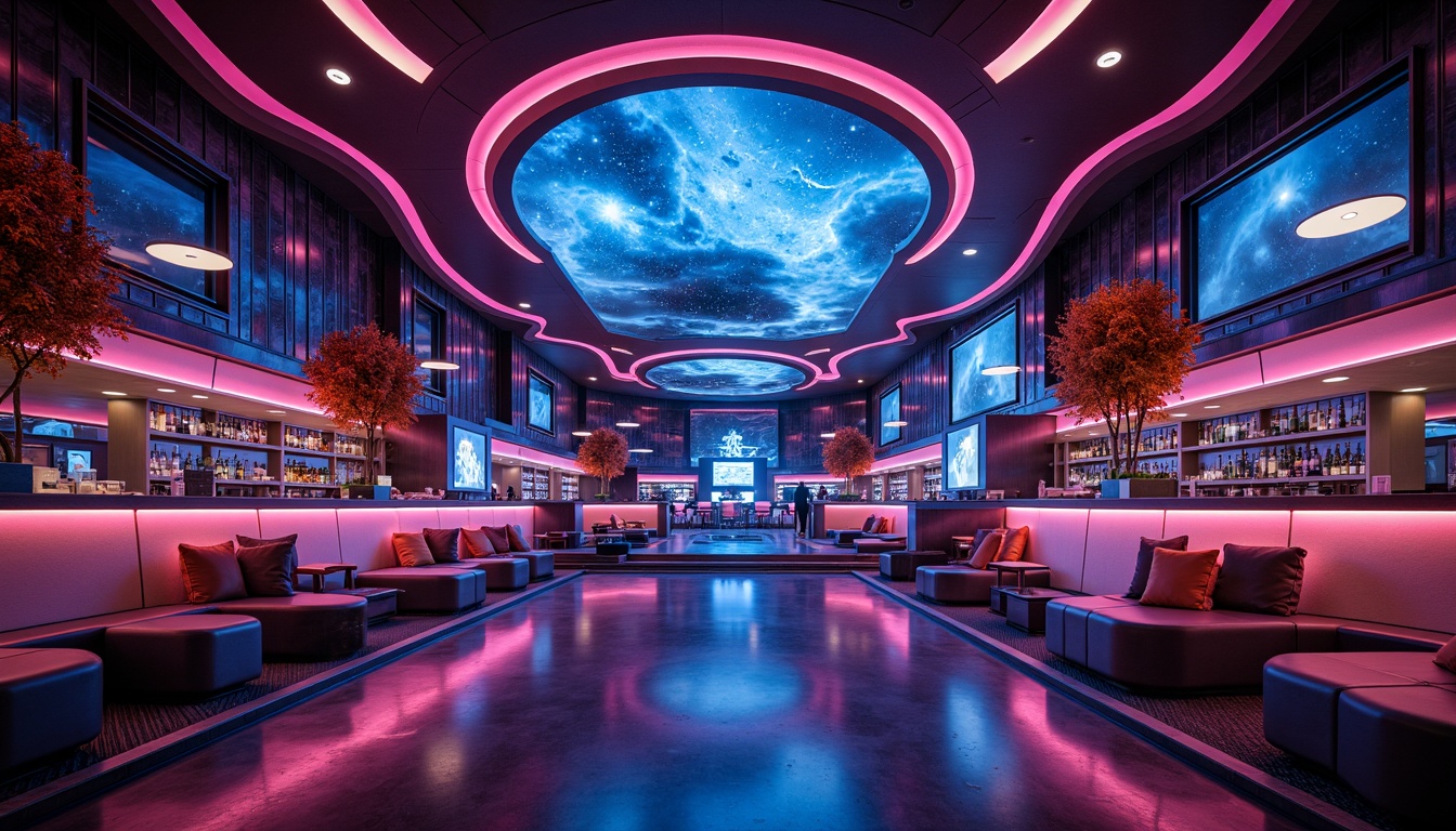 Prompt: Cosmic-themed bar, neon lights, starry night sky, metallic accents, futuristic architecture, curvaceous lines, avant-garde design, luxurious seating areas, gleaming countertops, reflective surfaces, ambient lighting, soft focus blur, shallow depth of field, 1/1 composition, cinematic view, detailed textures, realistic reflections.