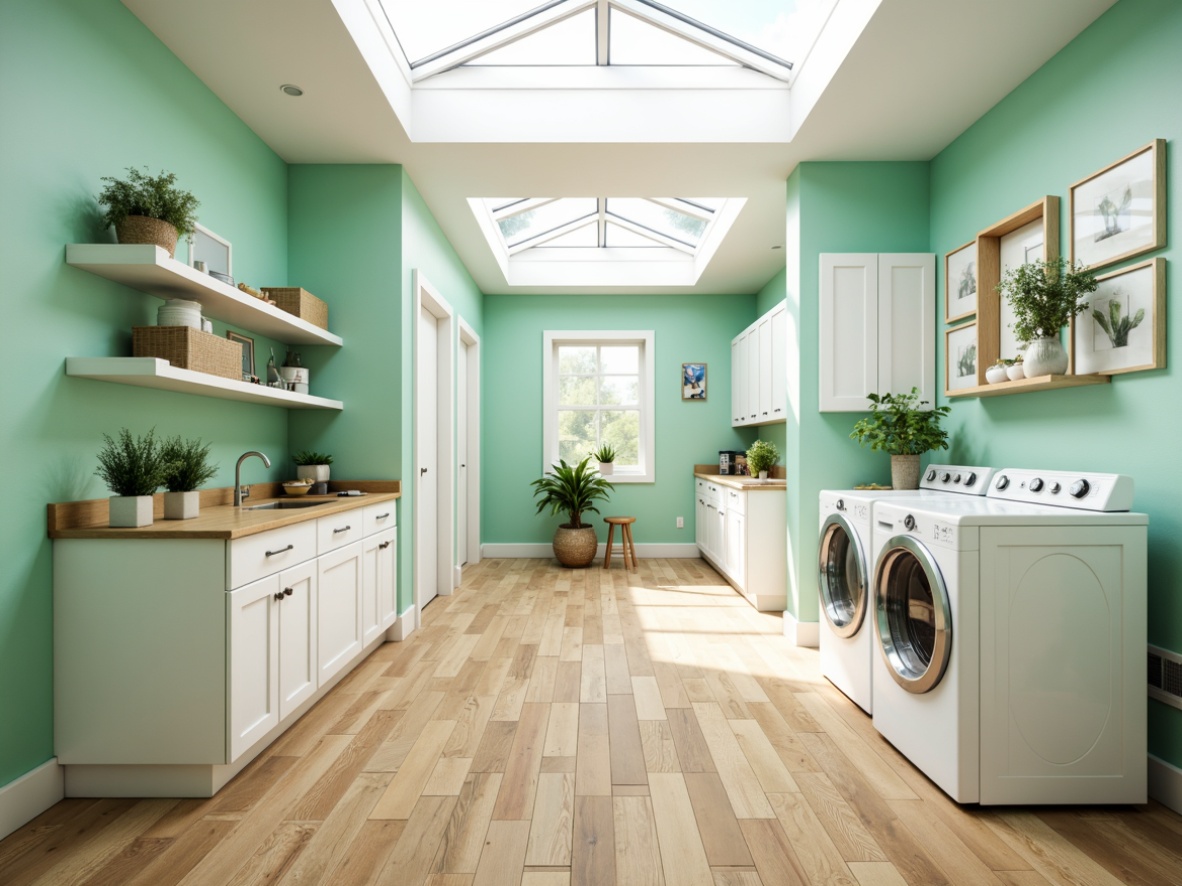 Prompt: \Vibrant laundry room, soft pastel colors, calming mint green walls, crisp white cabinets, warm beige countertops, rich wood flooring, metallic chrome accents, modern minimalist decor, ample natural light, large skylight, softbox lighting, 1/1 composition, shallow depth of field, realistic textures, ambient occlusion.\