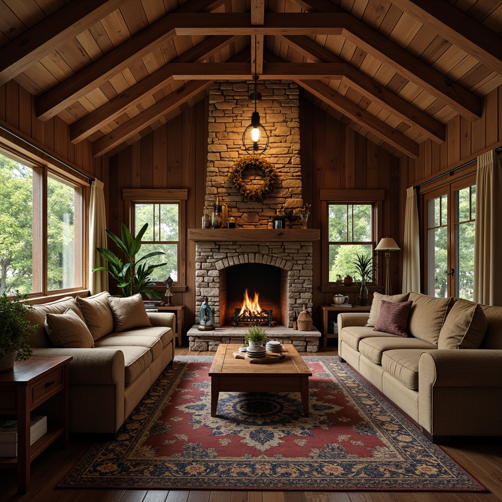 Prompt: Rustic cabin, wooden beams, earthy tones, natural textures, stone fireplace, cozy ambiance, warm lighting, plush furnishings, vintage decorations, traditional architecture, wooden accents, nature-inspired colors, forest surroundings, serene atmosphere, soft focus, shallow depth of field, 1/2 composition, warm color palette.