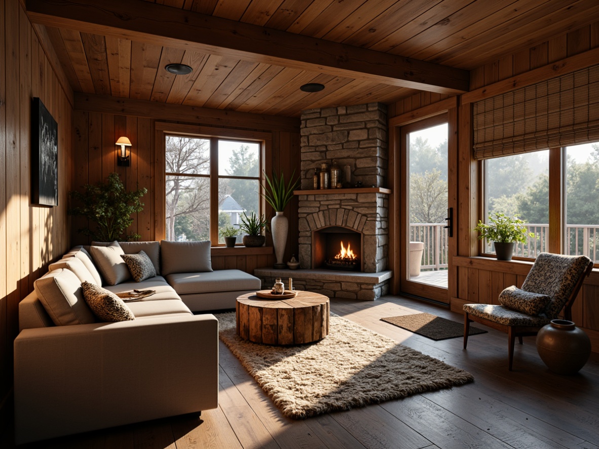 Prompt: Rustic cabin, wooden accents, natural stone walls, earthy color palette, reclaimed wood floors, distressed wood furniture, vintage metal decor, woven textiles, plush throw blankets, candlelight ambiance, warm cozy atmosphere, soft warm lighting, shallow depth of field, 1/2 composition, realistic textures, ambient occlusion.