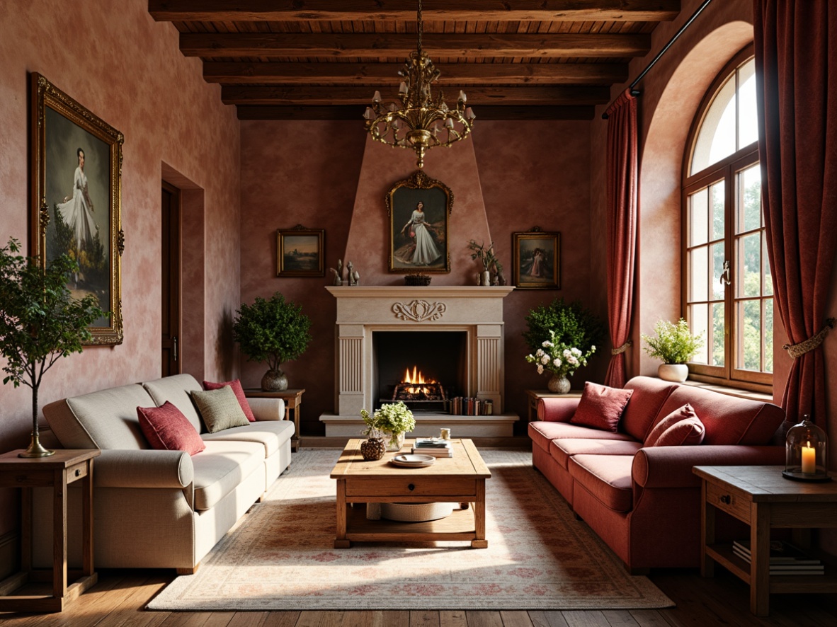 Prompt: Rustic French country estate, warm maroon hues, earthy terracotta tones, soft golden accents, muted sage greenery, distressed wood textures, vintage metal ornaments, elegant stone carvings, ornate furniture pieces, lavish drapery fabrics, rich velvet upholstery, classic floral patterns, subtle linen textiles, warm candlelight, soft afternoon sunbeams, 1/2 composition, shallow depth of field, realistic shadows, ambient occlusion.