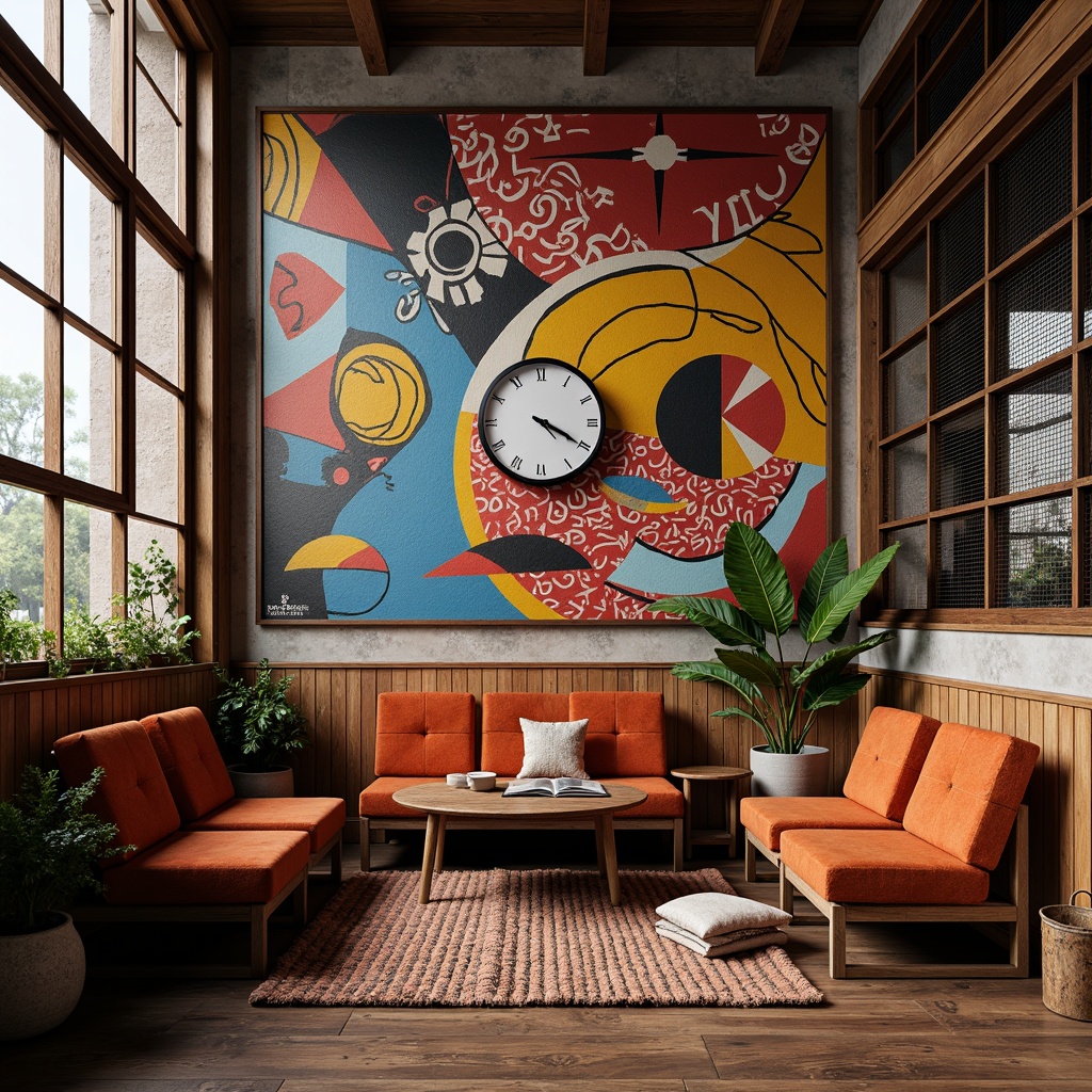 Prompt: Vibrant colorful mural, eclectic mix of patterns, distressed wooden planks, industrial metal mesh, reclaimed brick walls, textured concrete finishes, bold geometric shapes, abstract graffiti art, oversized wall clocks, natural fiber rugs, plush velvet upholstery, richly stained wood accents, warm golden lighting, cozy reading nooks, 1/1 composition, intimate atmospheric perspective.