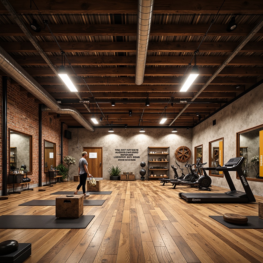 Prompt: Rustic wooden beams, vintage metal accents, distressed brick walls, reclaimed wood flooring, earthy color palette, industrial-style lighting fixtures, exposed ductwork, functional training zones, mirrored walls, free weights, kettlebells, exercise mats, stationary bicycles, rowing machines, treadmills, weightlifting platforms, cable machines, medicine balls, resistance bands, motivational quotes, natural stone accents, wooden gymnastic rings, climbing ropes, vintage sports equipment displays, soft warm lighting, shallow depth of field, 1/2 composition, realistic textures, ambient occlusion.