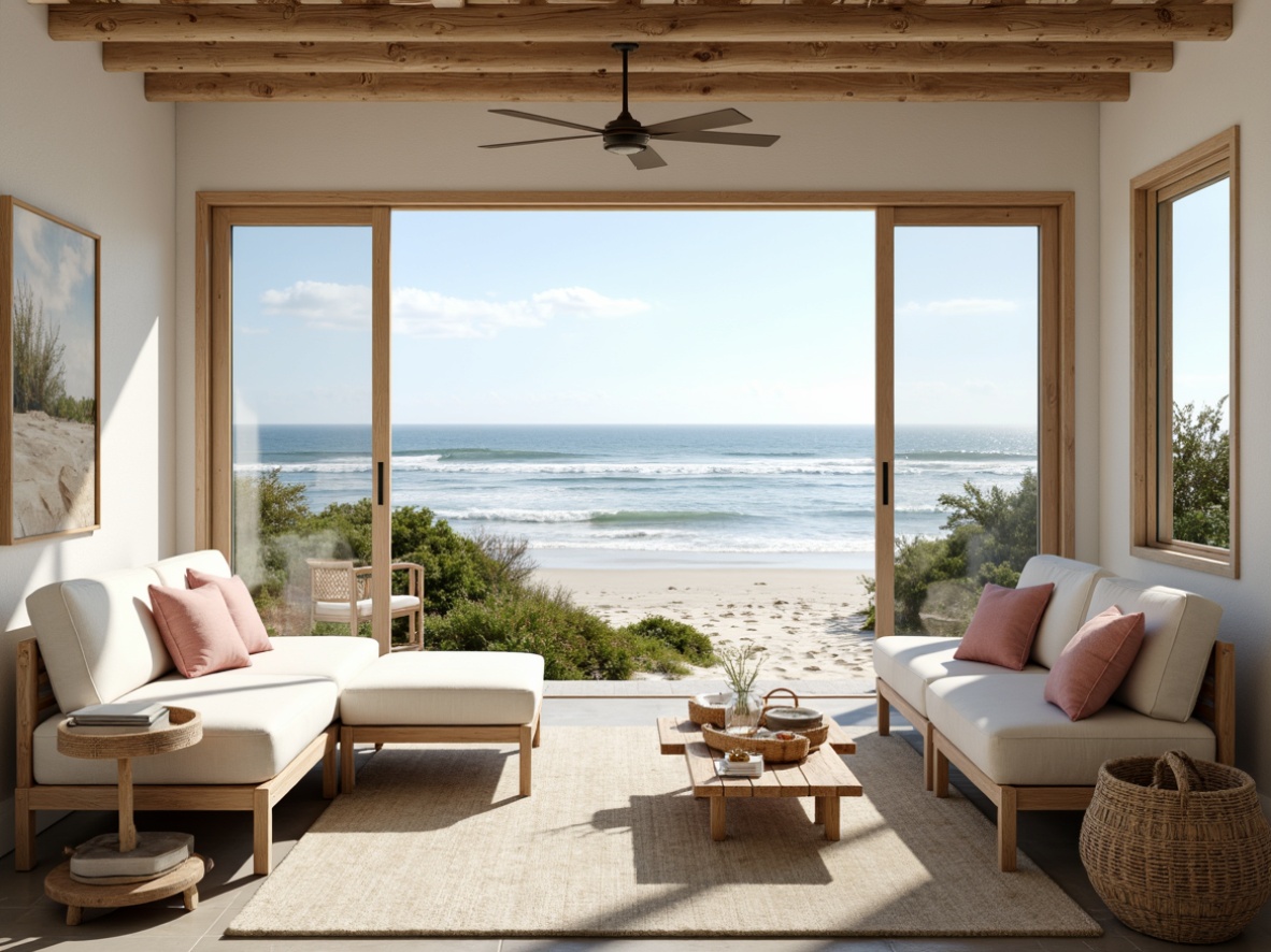 Prompt: Soft sandy beaches, calming ocean waves, serene coastal scenery, driftwood furniture, natural linen textiles, sea-weathered wooden accents, creamy whites, soothing blues, muted greens, warm beige tones, subtle coral hues, gentle shell pink shades, rustic nautical ropes, distressed finishes, beachy vibe, airy open spaces, large windows, sliding glass doors, natural light pouring in, warm sunny day, soft focus, shallow depth of field, 1/1 composition, realistic textures, ambient occlusion.