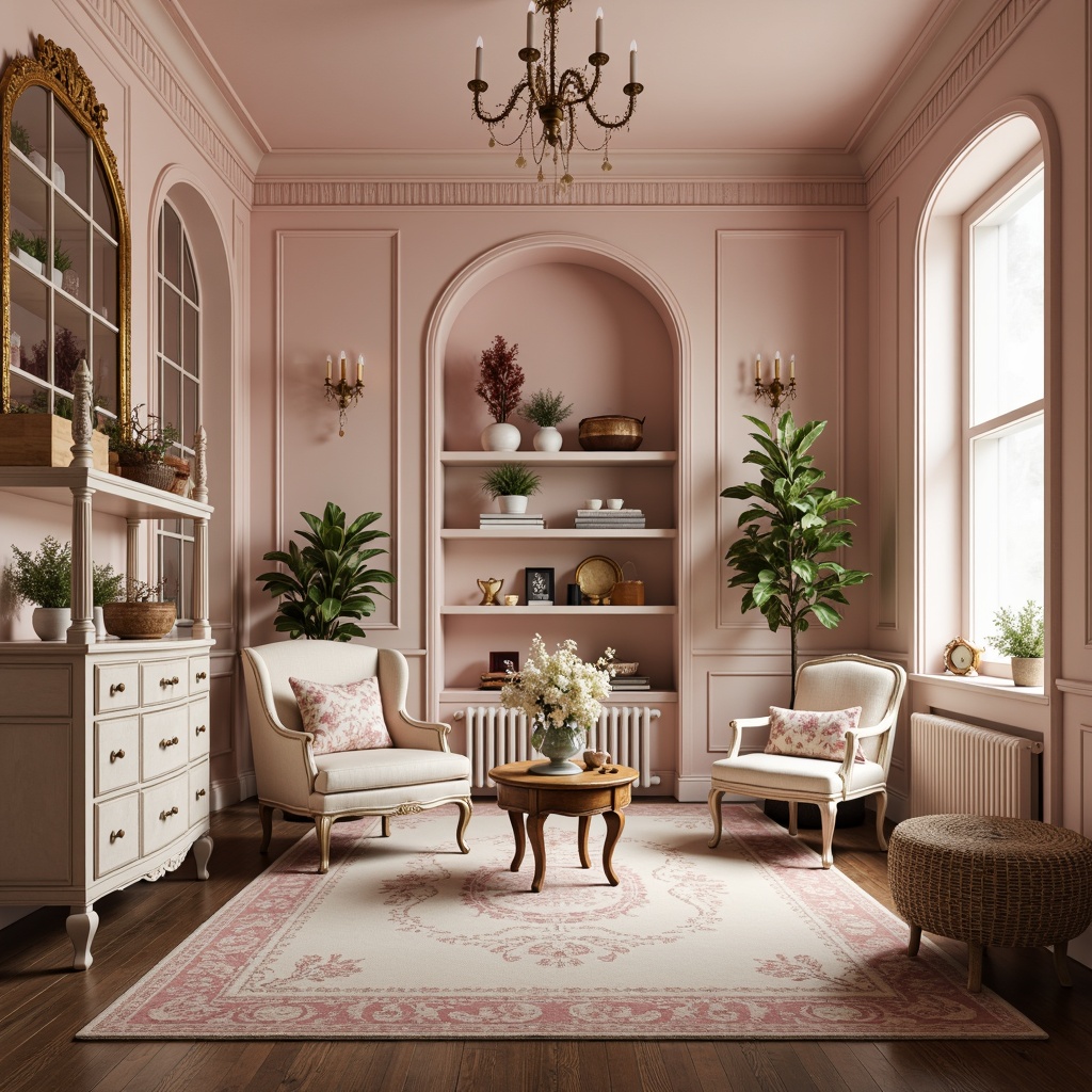 Prompt: Whimsical Rococo craft room, soft pastel hues, pale pink walls, creamy white furniture, ornate gold accents, delicate lace details, floral patterns, velvet fabrics, rich wood tones, warm candlelight, elegant chandeliers, intricate carvings, luxurious textiles, feminine touches, vintage decor, distressed finishes, romantic ambiance, shallow depth of field, 1/1 composition, softbox lighting.