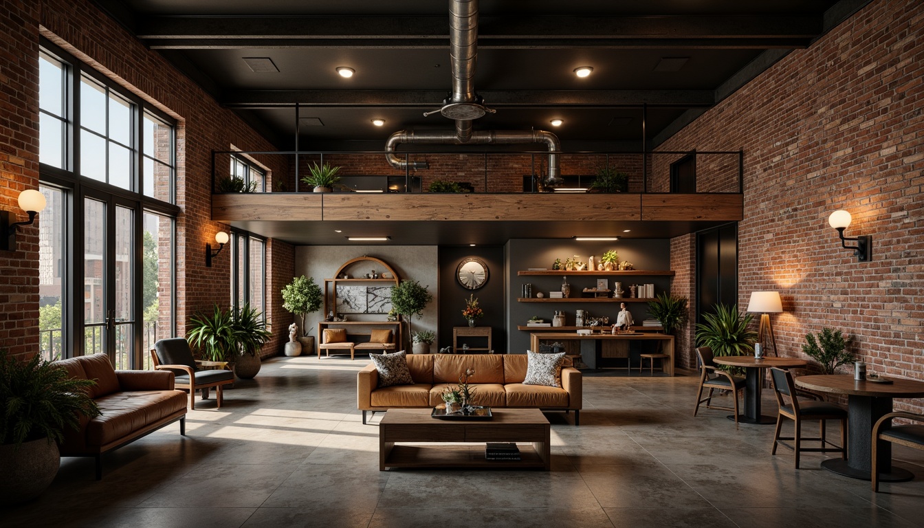 Prompt: Rustic industrial hotel lobby, exposed brick walls, metal beams, reclaimed wood accents, distressed leather sofas, vintage factory lamps, concrete floors, minimalist decor, urban loft atmosphere, edgy modern furniture, steel coffee tables, raw wood headboards, industrial-chic lighting fixtures, brutalist architecture, dramatic high ceilings, moody color palette, warm atmospheric lighting, cinematic composition, shallow depth of field, 2/3 aspect ratio.