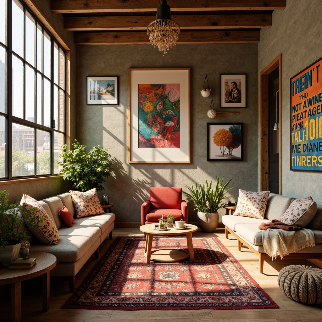 Prompt: Vibrant artistic studio, eclectic furniture, bohemian rugs, abstract artwork, inspirational quotes, cozy reading nook, natural wood accents, earthy tone walls, modern minimalist decor, bold typography, warm golden lighting, shallow depth of field, 1/1 composition, realistic textures, ambient occlusion.