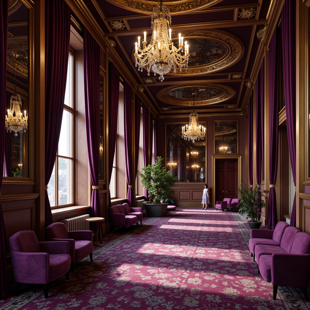 Prompt: Luxurious velvet drapes, rich gold accents, ornate mirrors, intricate carvings, grandiose chandeliers, lavish furnishings, opulent textiles, regal purple hues, warm golden lighting, soft focus blur, 1/1 composition, dramatic shadows, highly detailed ornaments, realistic material textures, ambient occlusion.