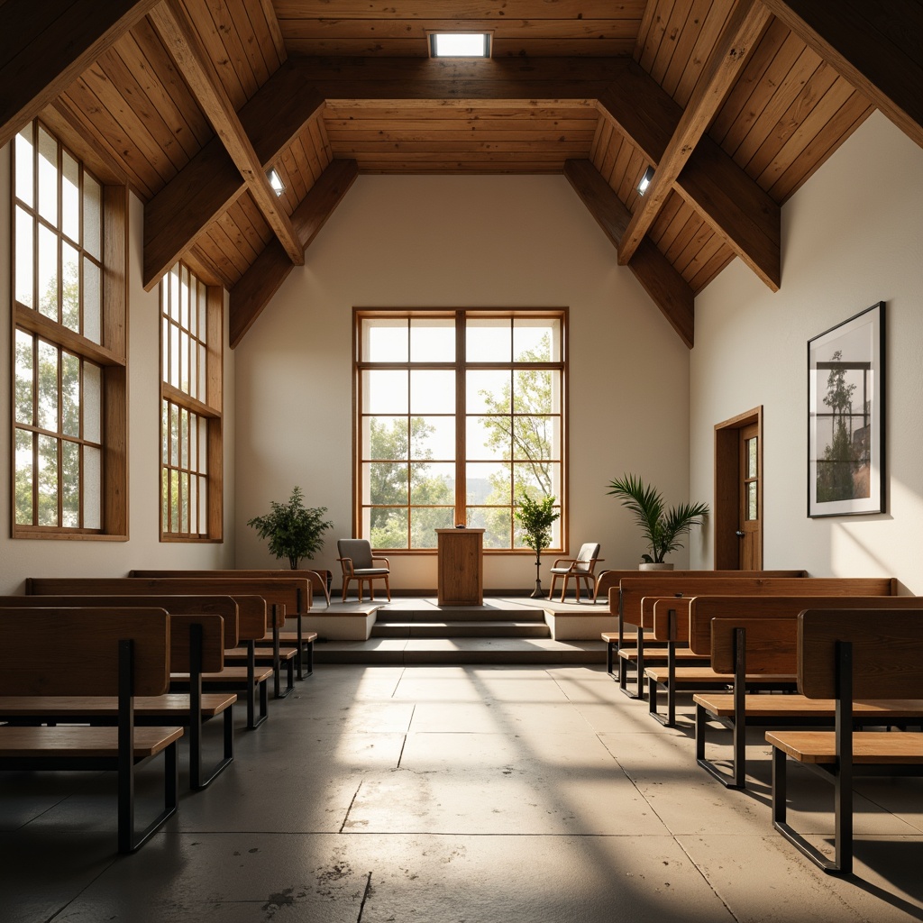 Prompt: Minimalist worship space, clean lines, geometric shapes, industrial materials, steel chairs, wooden benches, simplistic altar, abstract stained glass windows, natural light pouring in, warm beige tones, matte black accents, functional design, emphasis on community, open floor plan, sparse decor, modern pulpit, simple lectern, geometric patterns, bold typography, worshipful atmosphere, soft warm lighting, shallow depth of field, 3/4 composition, realistic textures, ambient occlusion.